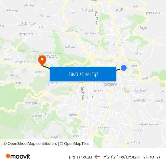 מפת הדסה הר הצופים/שד' צ'רצ'יל למבשרת ציון