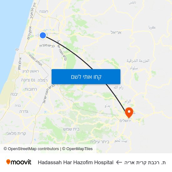 מפת ת. רכבת קרית אריה לHadassah Har Hazofim Hospital
