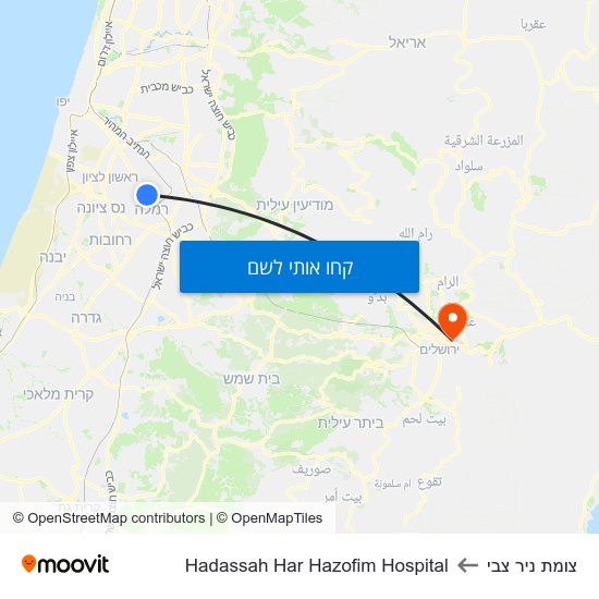 מפת צומת ניר צבי לHadassah Har Hazofim Hospital