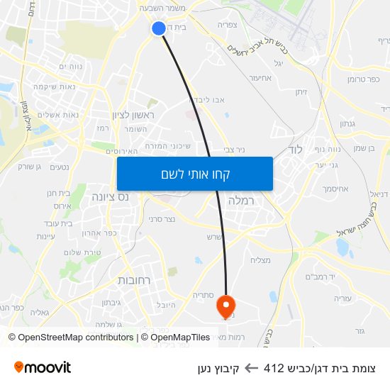 מפת צומת בית דגן/כביש 412 לקיבוץ נען