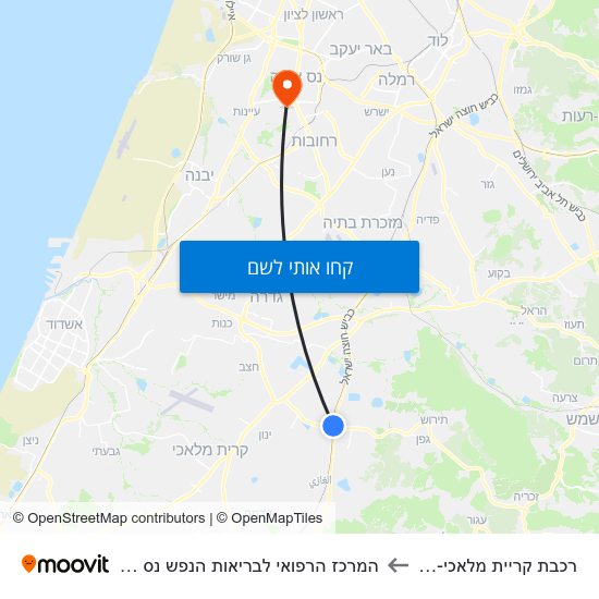 מפת רכבת קריית מלאכי-יואב להמרכז הרפואי לבריאות הנפש נס ציונה