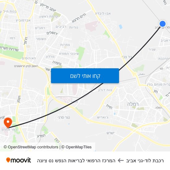 מפת רכבת לוד-גני אביב להמרכז הרפואי לבריאות הנפש נס ציונה