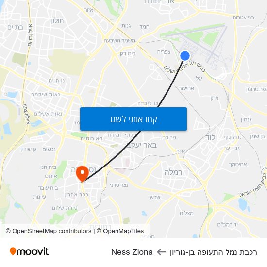 מפת רכבת נמל התעופה בן-גוריון לNess Ziona