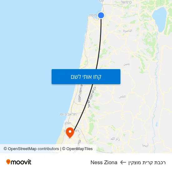 מפת רכבת קרית מוצקין לNess Ziona