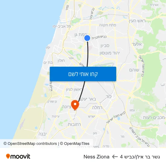 מפת גשר בר אילן/כביש 4 לNess Ziona