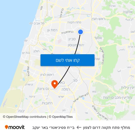 מפת מחלף פתח תקווה דרום לצפון לבי״ח פסיכיאטרי באר יעקב