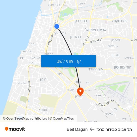 מפת תל אביב סבידור מרכז לBeit Dagan