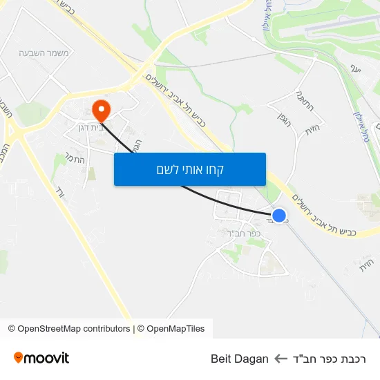 מפת רכבת כפר חב"ד לBeit Dagan
