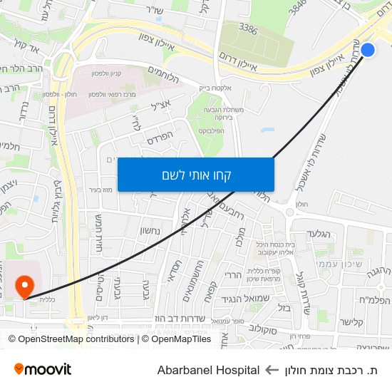 מפת ת. רכבת צומת חולון לAbarbanel Hospital