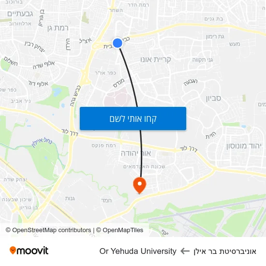 מפת אוניברסיטת בר אילן לOr Yehuda University