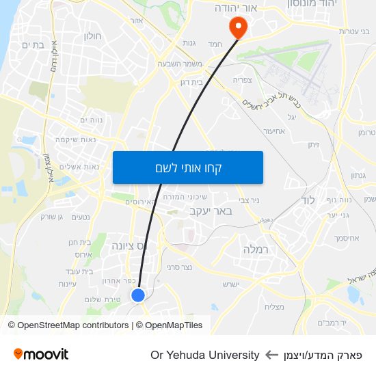 מפת פארק המדע/ויצמן לOr Yehuda University