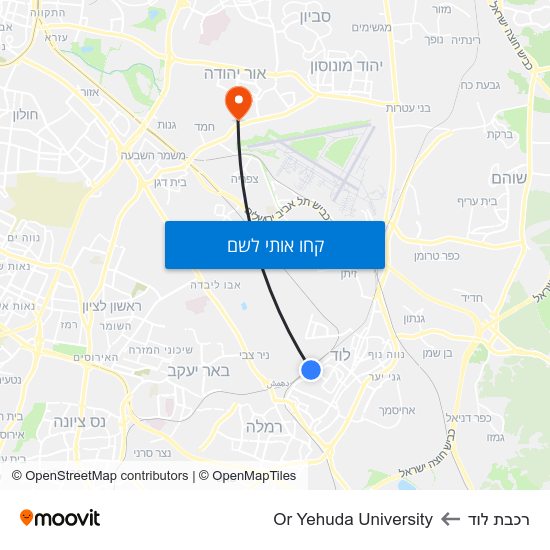 מפת רכבת לוד לOr Yehuda University