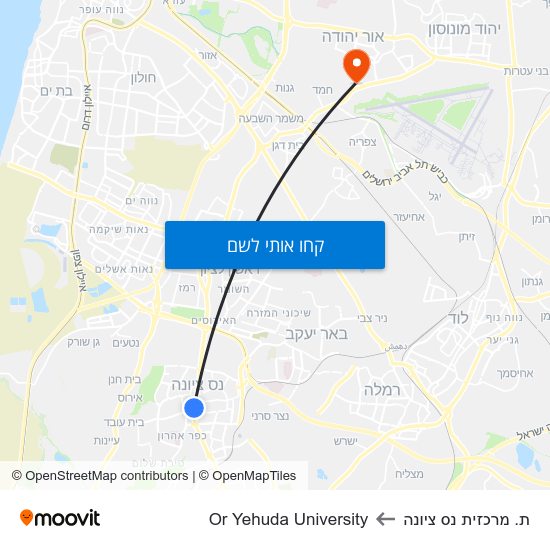 מפת ת. מרכזית נס ציונה לOr Yehuda University