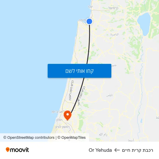 מפת רכבת קרית חיים לOr Yehuda