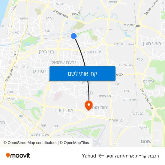 מפת רכבת קריית אריה/חנה וסע לYahud