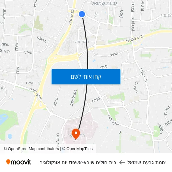 מפת צומת גבעת שמואל לבית חולים שיבא-אשפוז יום אונקולוגיה