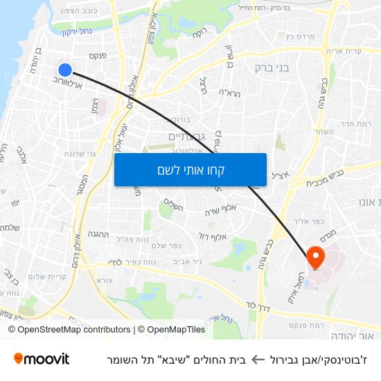 מפת ז'בוטינסקי/אבן גבירול לבית החולים "שיבא" תל השומר