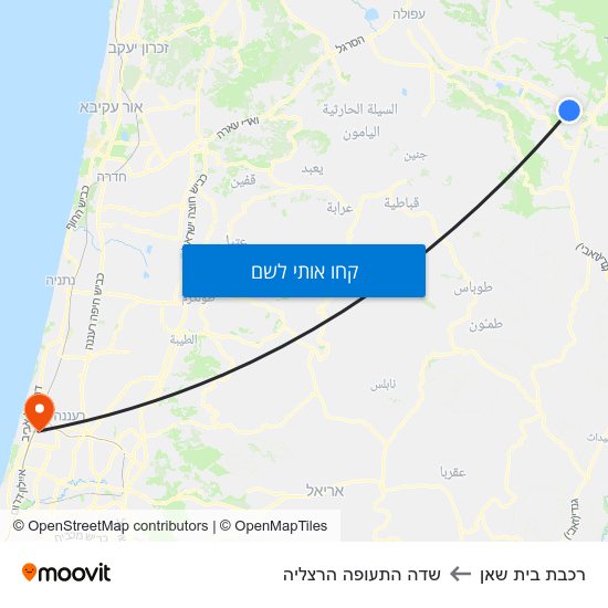 מפת רכבת בית שאן לשדה התעופה הרצליה