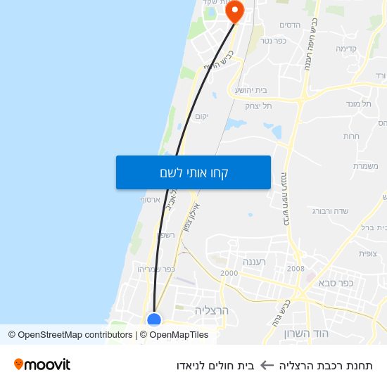 מפת תחנת רכבת הרצליה לבית חולים לניאדו