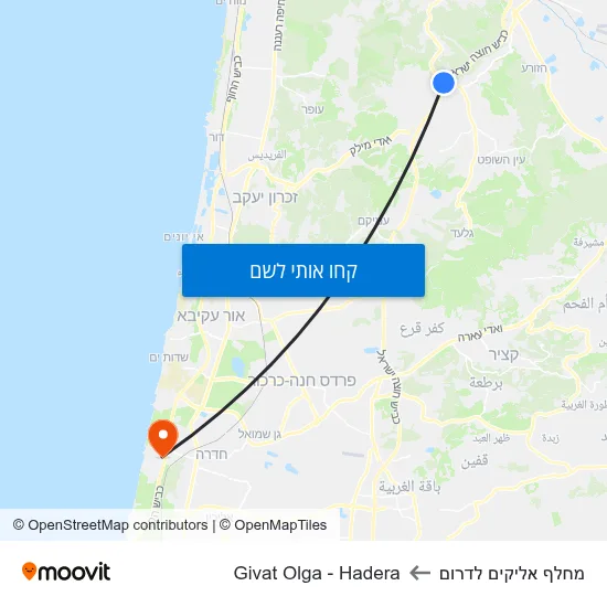 מפת מחלף אליקים לדרום לGivat Olga - Hadera