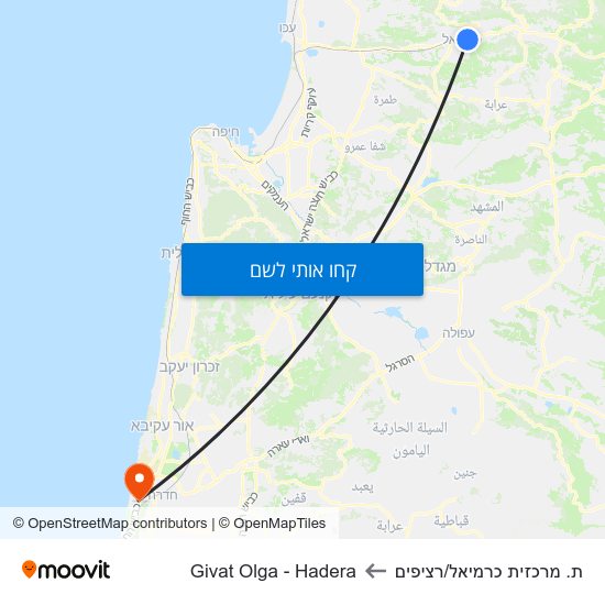 מפת ת. מרכזית כרמיאל/רציפים לGivat Olga - Hadera