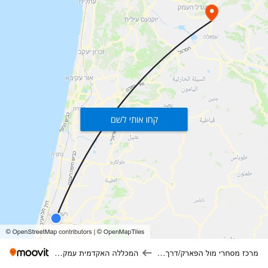 מפת מרכז מסחרי מול הפארק/דרך ירושלים להמכללה האקדמית עמק יזרעאל