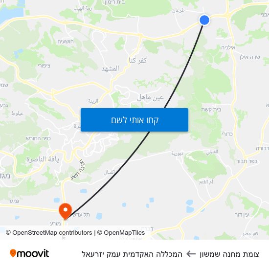 מפת צומת מחנה שמשון להמכללה האקדמית עמק יזרעאל