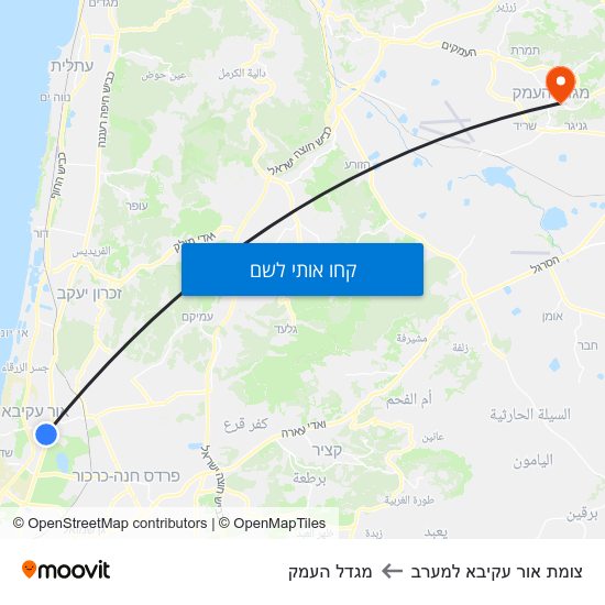 מפת צומת אור עקיבא למערב למגדל העמק