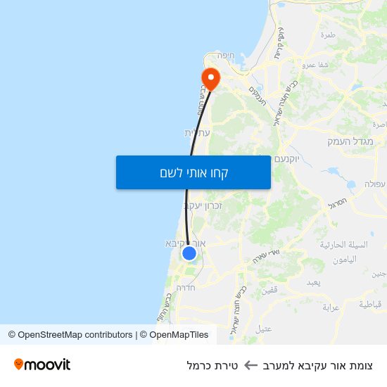 מפת צומת אור עקיבא למערב לטירת כרמל