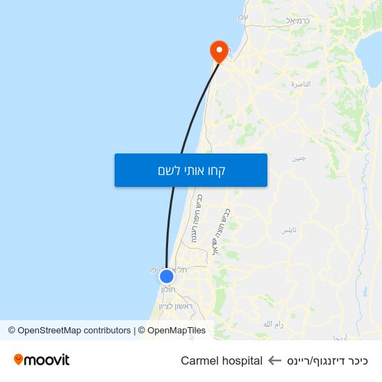 מפת כיכר דיזנגוף/ריינס לCarmel hospital