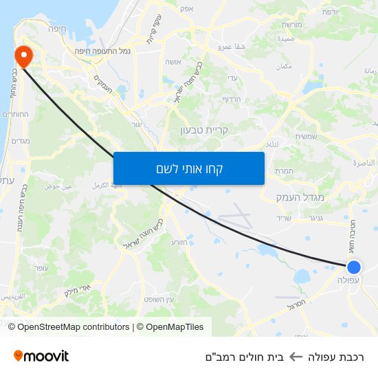 מפת רכבת עפולה לבית חולים רמב"ם