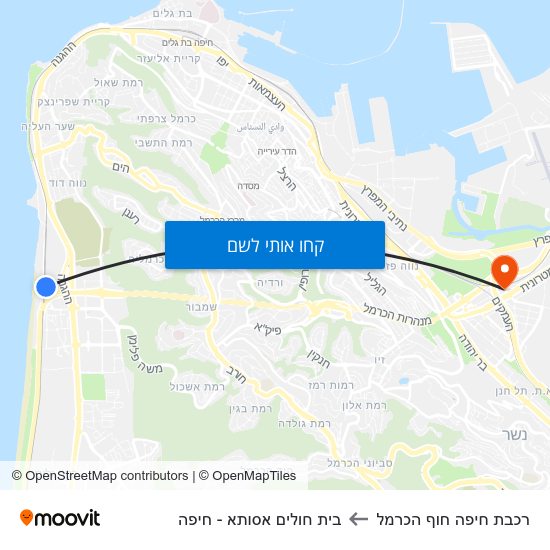 מפת רכבת חיפה חוף הכרמל לבית חולים אסותא - חיפה