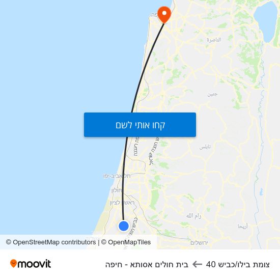 מפת צומת בילו/כביש 40 לבית חולים אסותא - חיפה