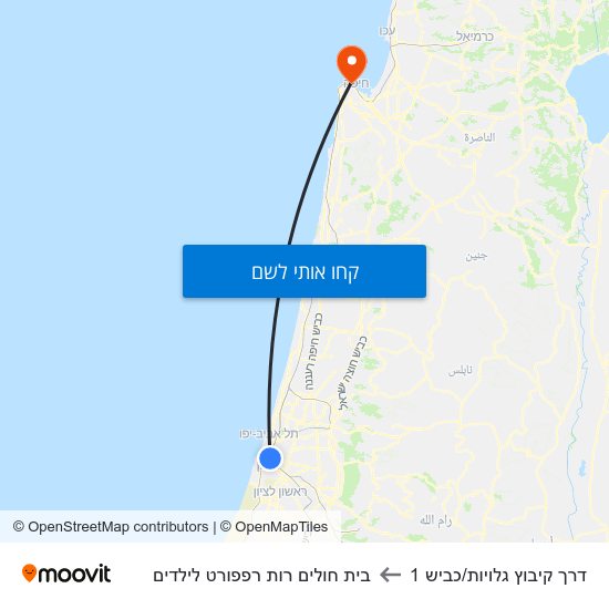 מפת דרך קיבוץ גלויות/כביש 1 לבית חולים רות רפפורט לילדים