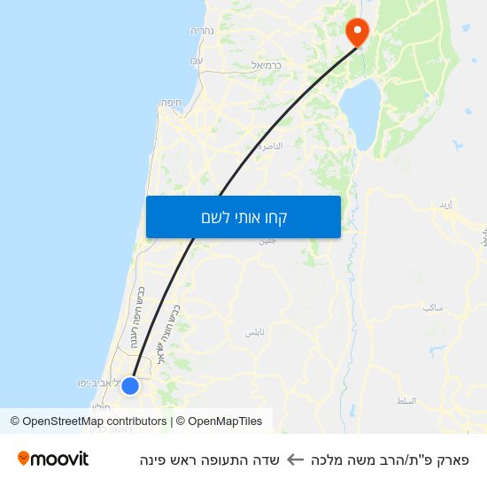 מפת פארק פ''ת/הרב משה מלכה לשדה התעופה ראש פינה