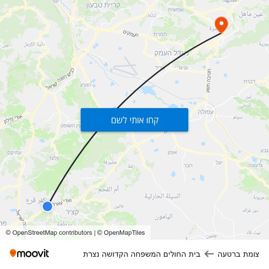 מפת צומת ברטעה לבית החולים המשפחה הקדושה נצרת