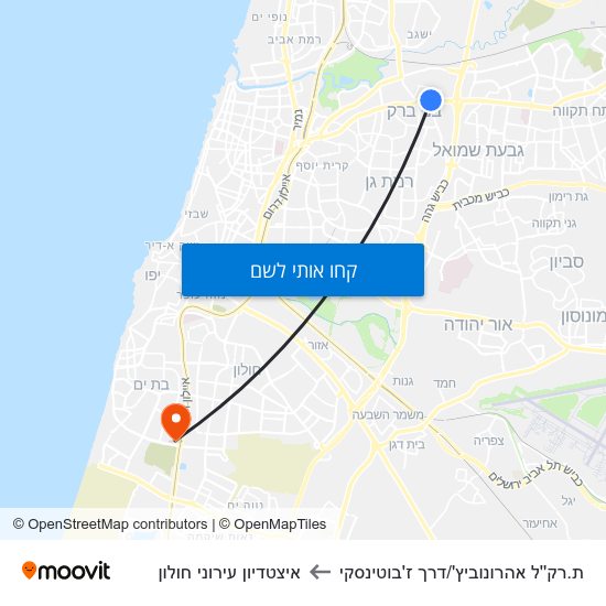 מפת ת.רק''ל אהרונוביץ'/דרך ז'בוטינסקי לאיצטדיון עירוני חולון