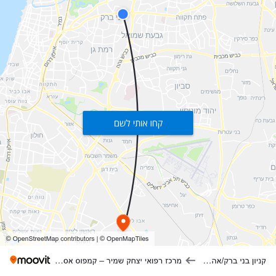 מפת קניון בני ברק/אהרונוביץ למרכז רפואי יצחק שמיר – קמפוס אסף הרופא