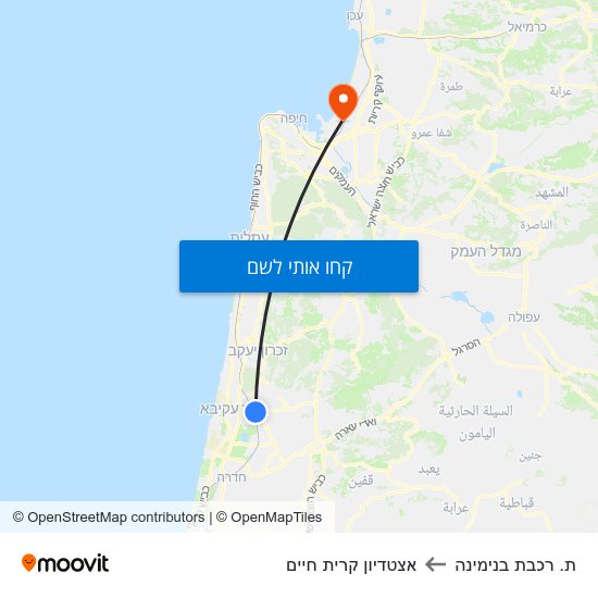 מפת ת. רכבת בנימינה לאצטדיון קרית חיים