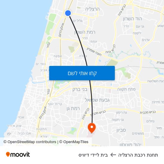 מפת תחנת רכבת הרצליה לבית ליידי דיוויס