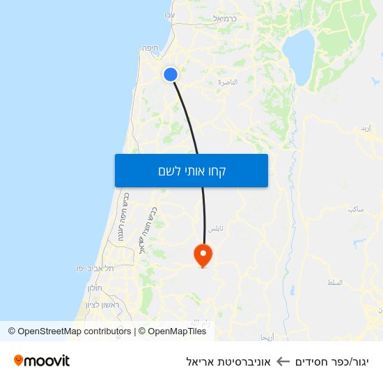 מפת יגור/כפר חסידים לאוניברסיטת אריאל