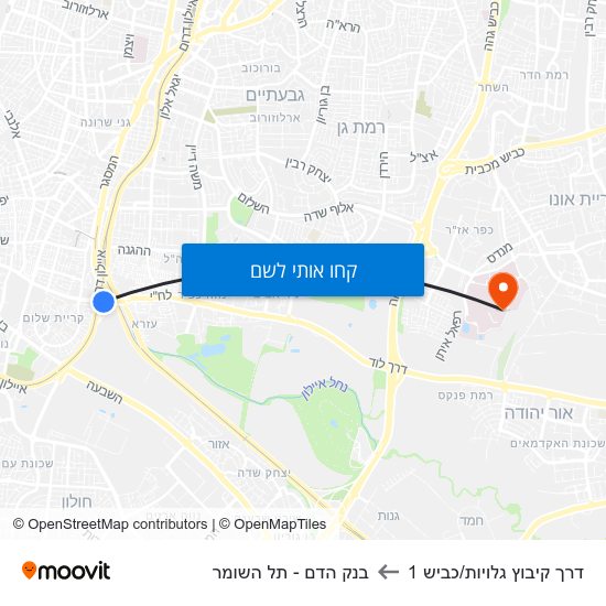 מפת דרך קיבוץ גלויות/כביש 1 לבנק הדם - תל השומר