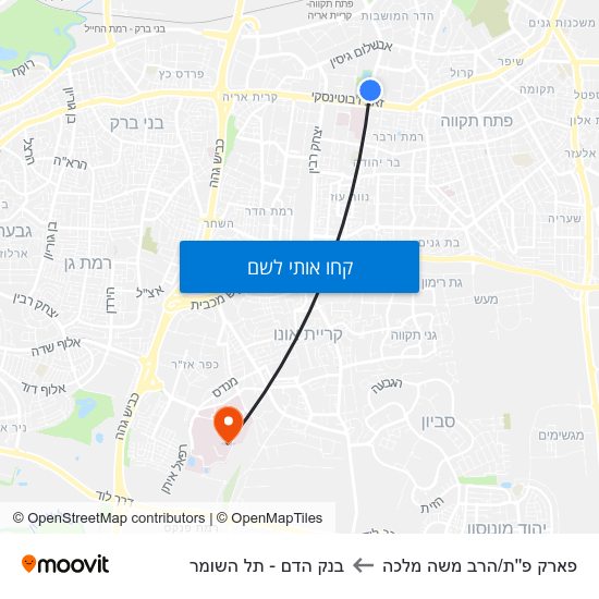 מפת פארק פ''ת/הרב משה מלכה לבנק הדם - תל השומר