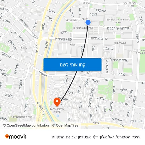 מפת היכל הספורט/יגאל אלון לאצטדיון שכונת התקווה