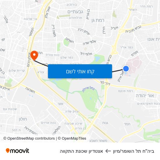 מפת ביה''ח תל השומר/מיון לאצטדיון שכונת התקווה