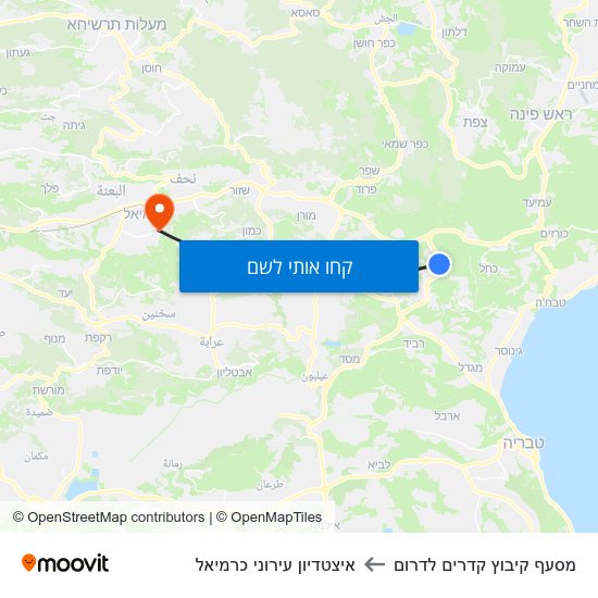 מפת מסעף קיבוץ קדרים לדרום לאיצטדיון עירוני כרמיאל