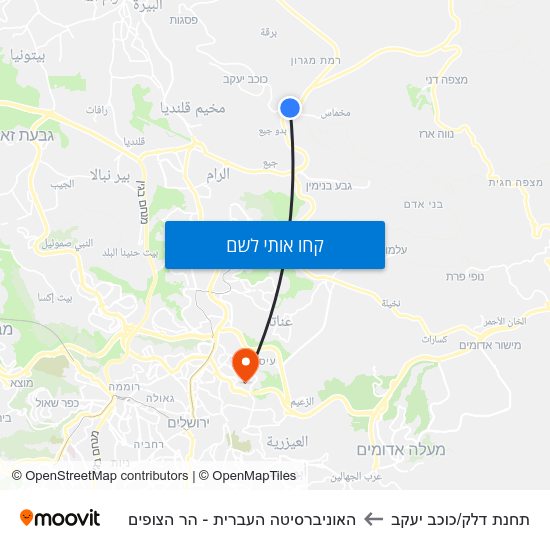 מפת תחנת דלק/כוכב יעקב להאוניברסיטה העברית - הר הצופים
