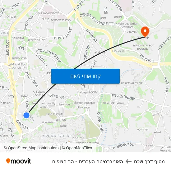 מפת מסוף דרך שכם להאוניברסיטה העברית - הר הצופים