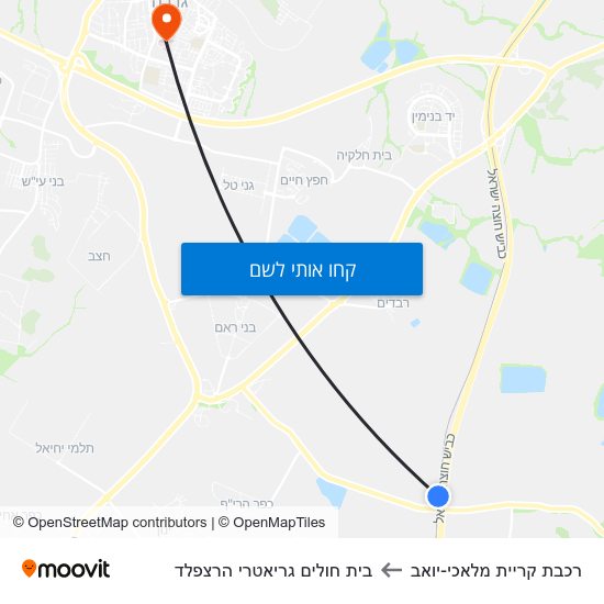 מפת רכבת קריית מלאכי-יואב לבית חולים גריאטרי הרצפלד