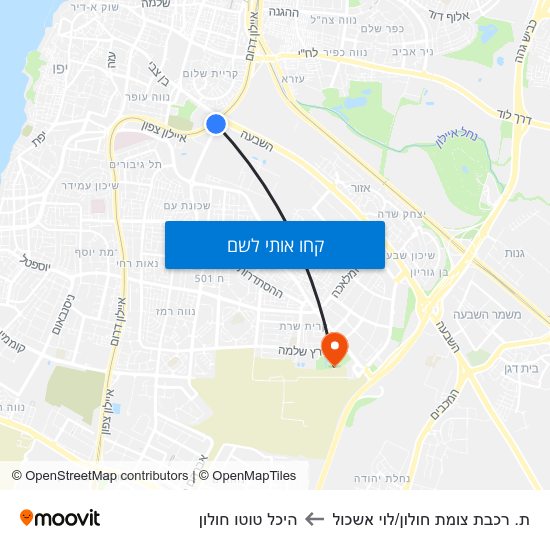 מפת ת. רכבת צומת חולון/לוי אשכול להיכל טוטו חולון